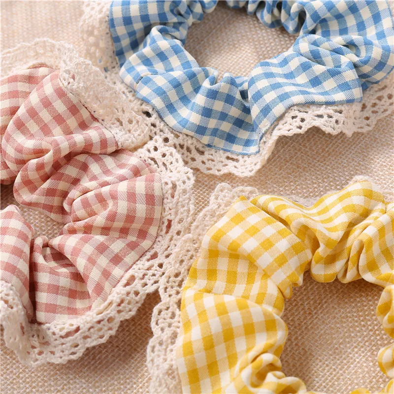 

Korean Sweet Plaid Lace Ponytail Holder Print Hair Rope Scrunchies Elastic Hair Rubber Band Stretchy Hair Ties Hair Accessories