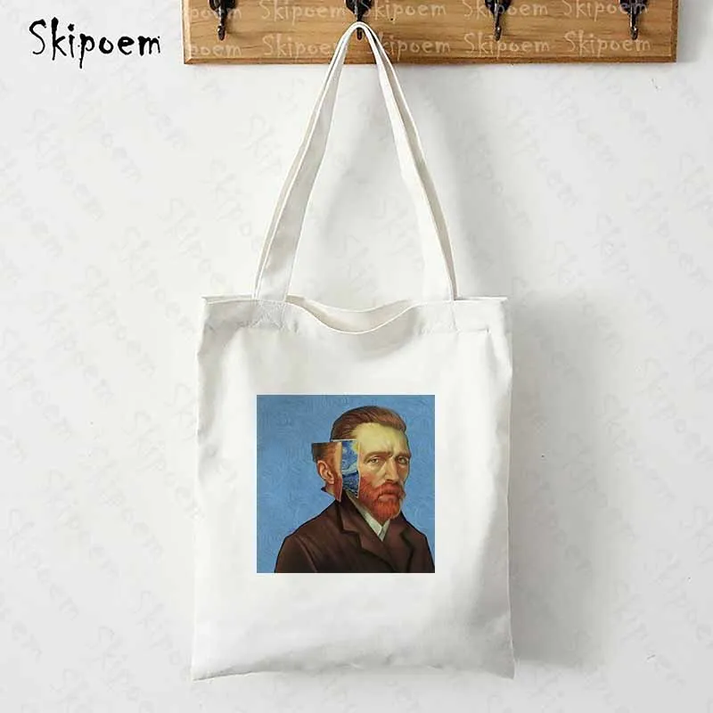 

Забавные Ван Гог да Винчи Мона Лиза 2021 новые сумки холщовые сумки на плечо Искусство Kawaii панк большая емкость сумка шоппер Skipoem