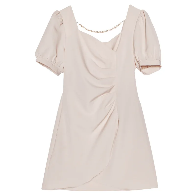 

2021 summer ladies temperament dress, short-sleeved square neck waist, thin temperament, soft A-line skirt, women's clothing