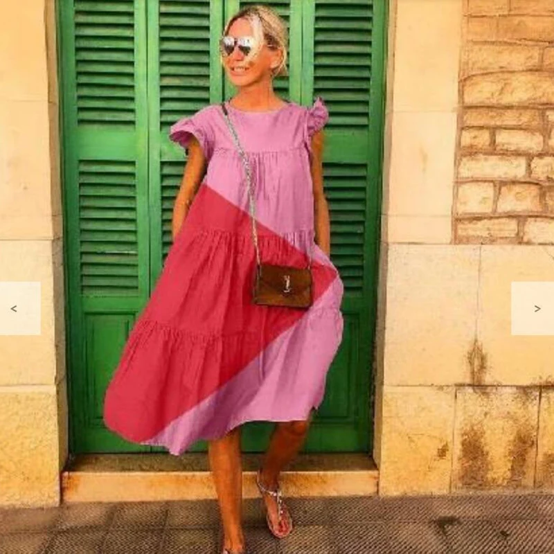 Летнее женское милое свободное платье с круглым вырезом и коротким рукавом