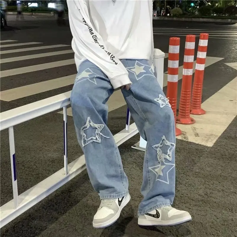 V-hanver Fashion Stars Print Retro Denim Pants Mens High Street Loose Straight-leg Pants Streetwear Casual Jeans Trousers Men