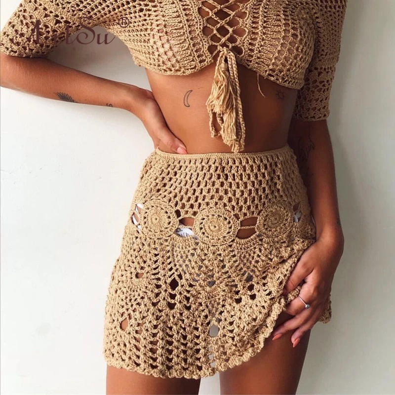 Женская пляжная вязаная мини-юбка ArtSu черная белая красная юбка в пляжном стиле с