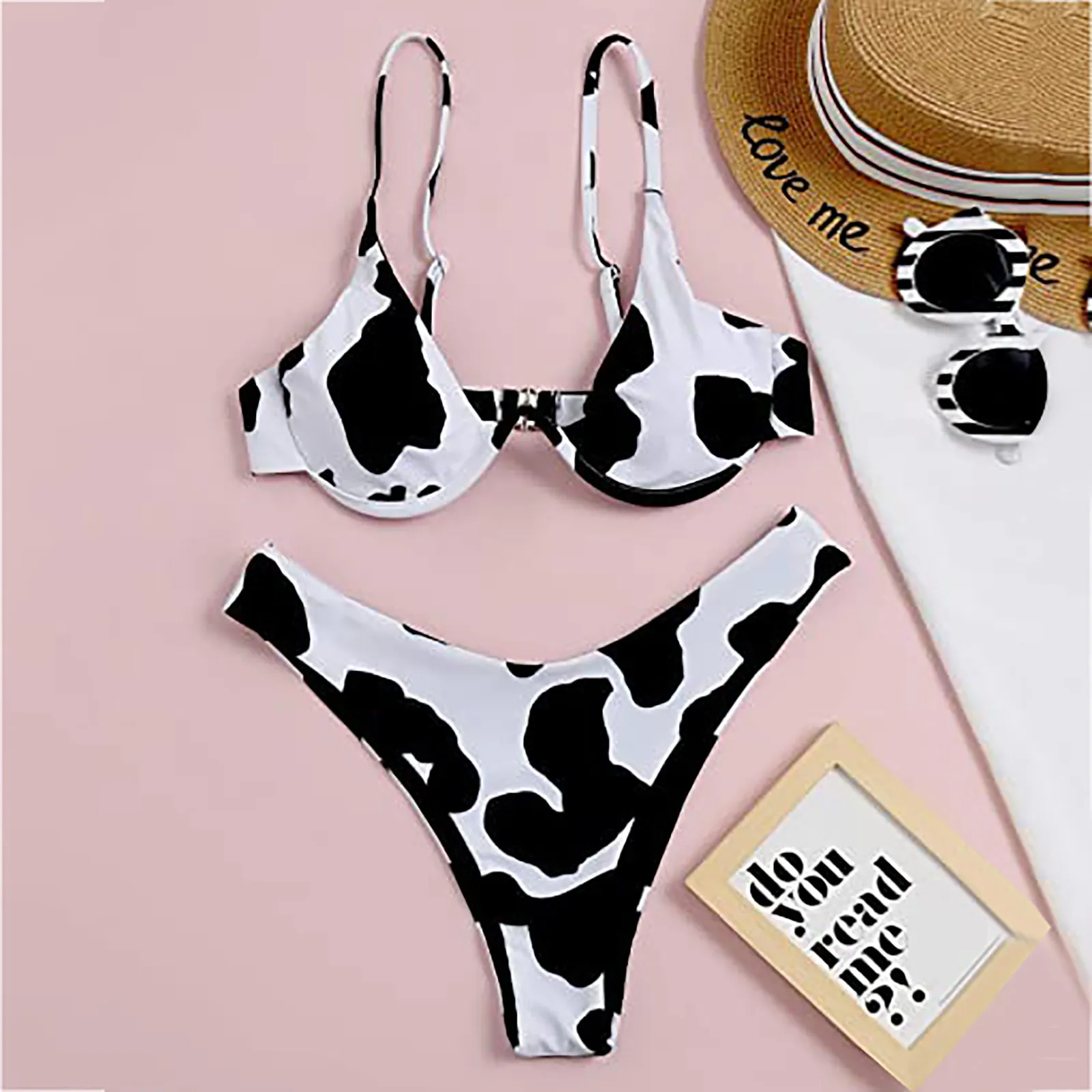 

Women Sexy High Breast Contrast Cow Print Tube Top Split Bikinis Mujer Set Swimsuit купальник женский 2021 Maillot de Bain Femme