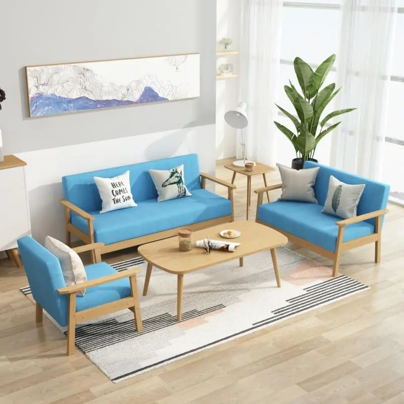 Chinafurniture moderno semplice divano in legno massello e tavolino set piccolo appartamento ospite tessuto tre sedia da ufficio