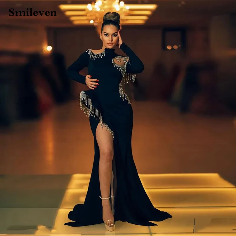 

Smileven, романтическое вечернее платье с бусинами, платье русалки с длинным рукавом, высоким вырезом, разрезами по бокам, платья знаменитостей, вечерние платья