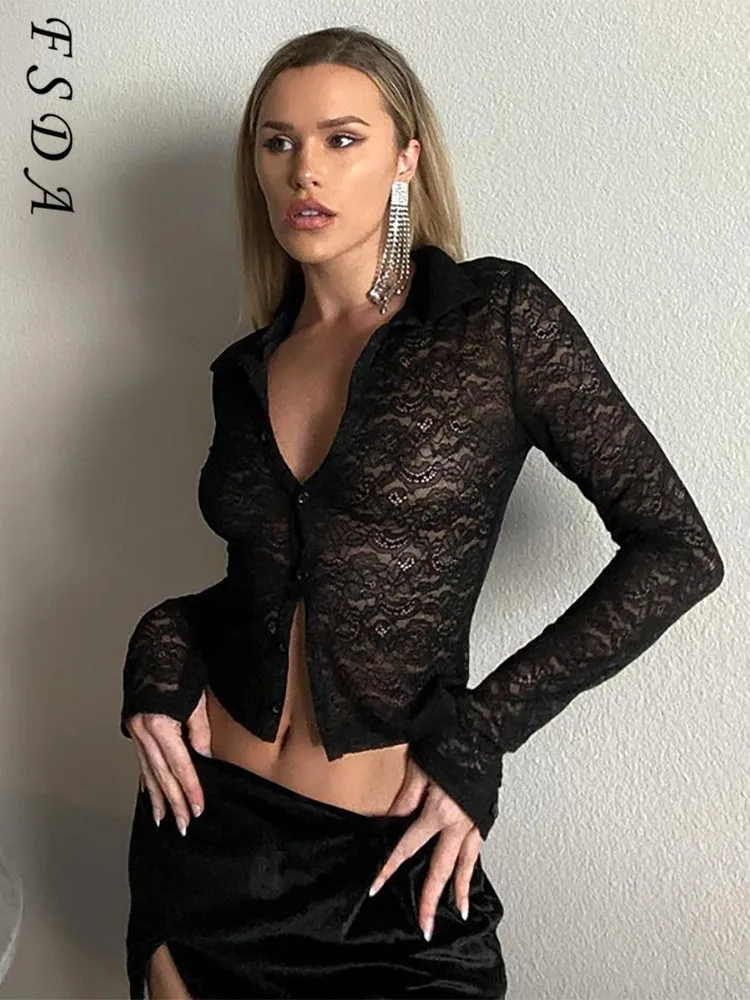 

Женская Кружевная футболка с длинным рукавом, V-образным вырезом