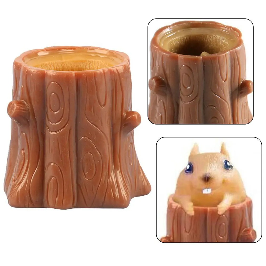 Squeeze Rubber Squirrel Cup Children's Toy Evil Decompression Tree Stump Oak Cute Miniature Telescopic Pen Holder Game Gift | Игрушки и