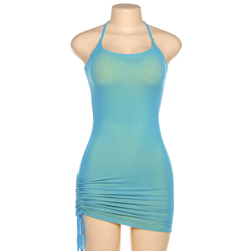 

Hipster Slim Double Layer Drawstring Mini Low-Cut Dress Women Bodycon Halter Sleeveless Ruched Streetwear Sexy Club Clothes