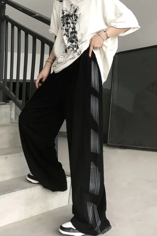 

Loose wide leg pants women's summer Vintage striped print straight casual pants show slim and versatile pants
