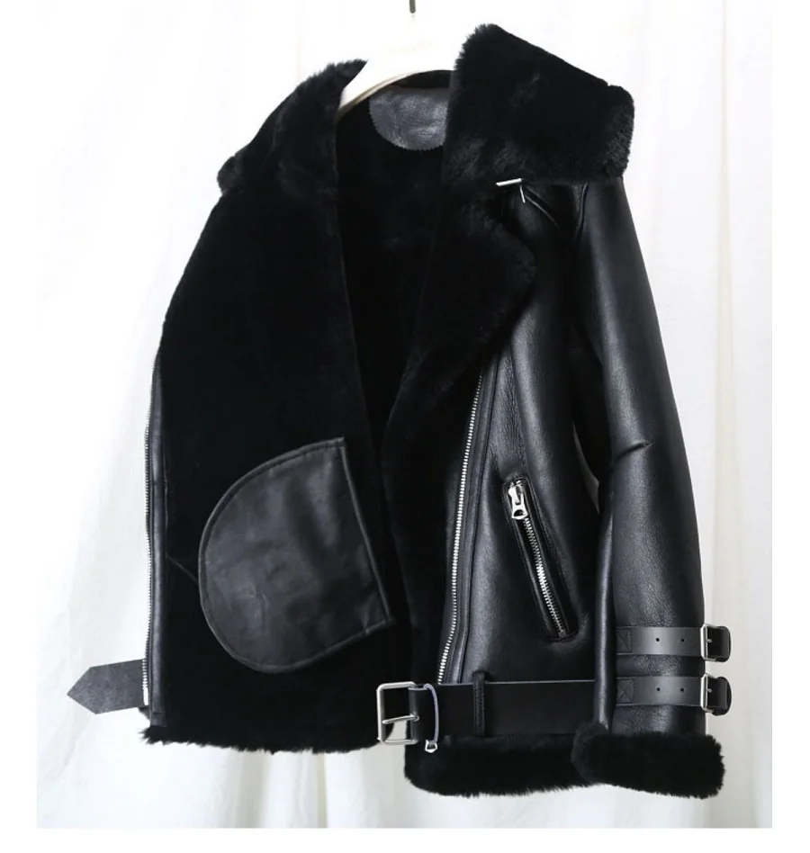 Winter Lamb Fur Bomber Real leather Jacket Women New Sheepskin Double Face Shearling Coat Oversized Genuine Leather Jackets