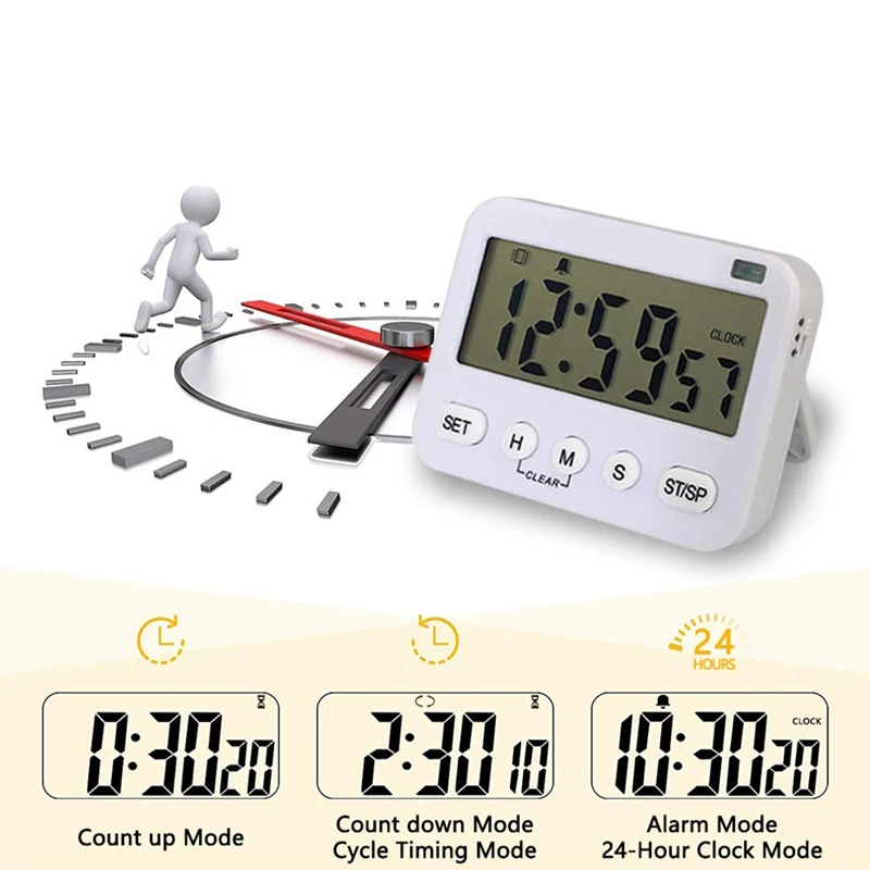 Digital Kitchen Timer Magnetic Cycle Count Down Large Display Memory Function 24-Hour Clock and Alarm with V |