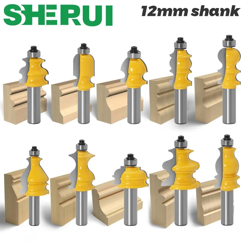 

10pcs 12mm Shank Architectural Molding Handrail Router Bits Set Casing Base CNC Line Woodworking Cutters Face Mill