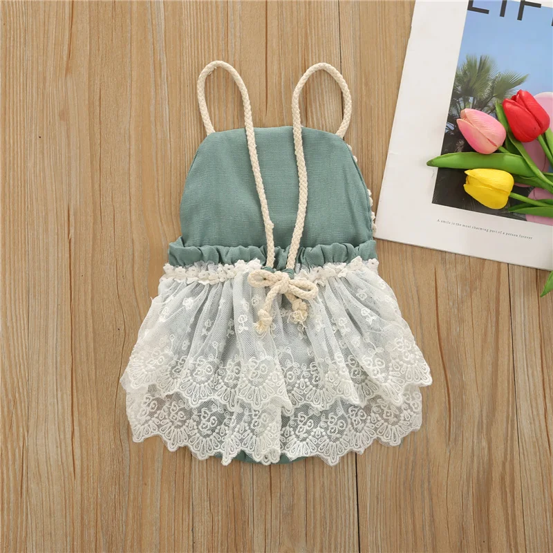 

0-24Months Newborn Baby Girls Summer Casual Cotton Romper,Children Kids Baby Girls Sleeveless Boat Neck Lace Hem,Pink/Lake Green