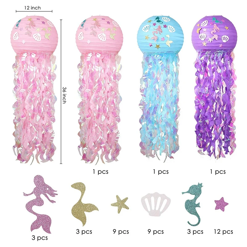 

Mermaid Hanging Jellyfish Paper Lanterns Kit 3 Pack Colors Wish Paper Lanterns for Bedroom Ocean Theme Party Decoration