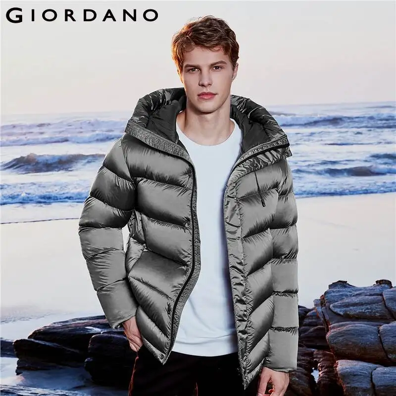 Мужской пуховик с капюшоном Giordano белая тефлоновая куртка 90% пуха машинная стирка