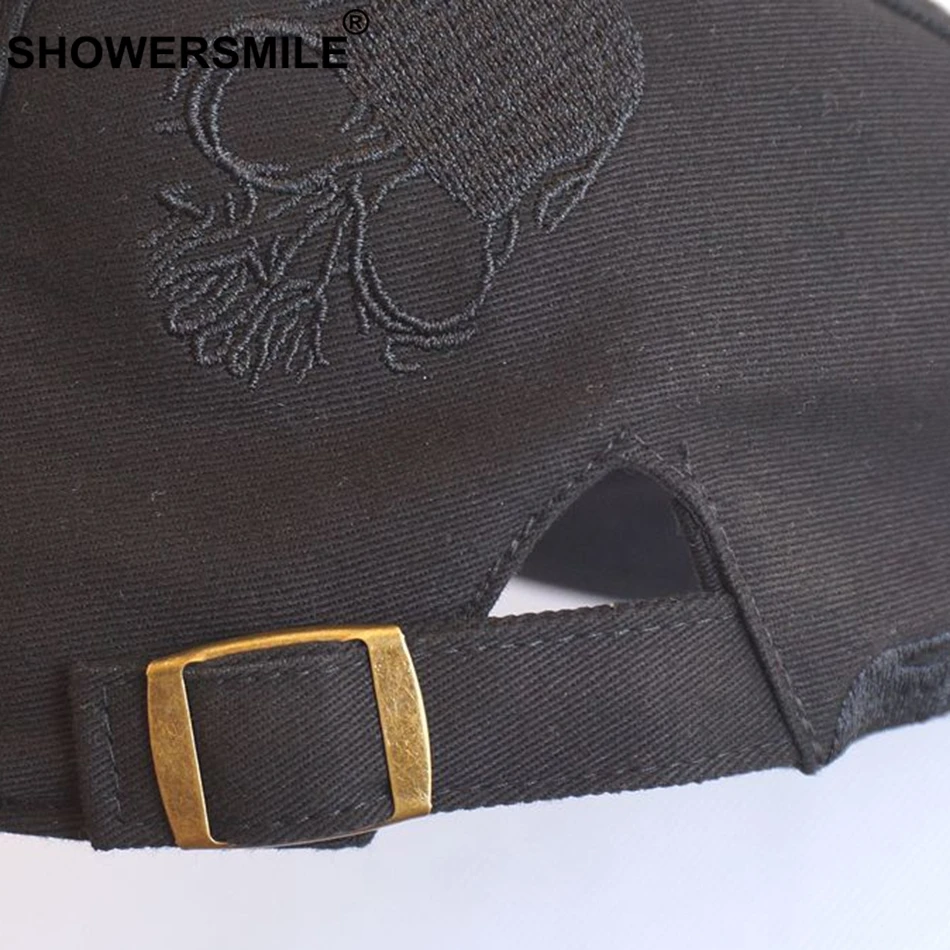 SHOWERSMILE Summer Cotton Hat Men Flat Cap Embroidery Skull Adjustable Male Beret Hats Black Fashion High Quality Ivy Caps