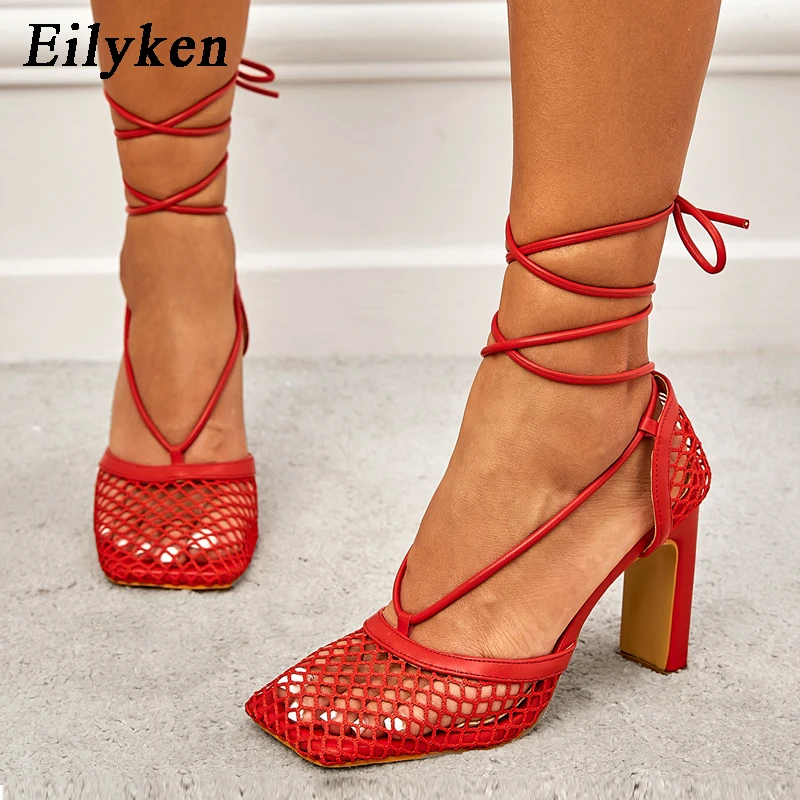 

Eilyken 2022 New Summer Sexy Mesh Pumps sandals Female Square Toe Square heel Lace Up Cross-tied Stiletto hollow Dress shoes