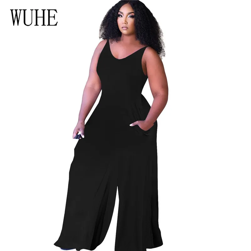 

WUHE Wide Leg Jumpsuits Sexy Hollow Out Spaghetti Strap Pockets Sleeveless Off Shoulder Summer Women Casual Sports Streetwear