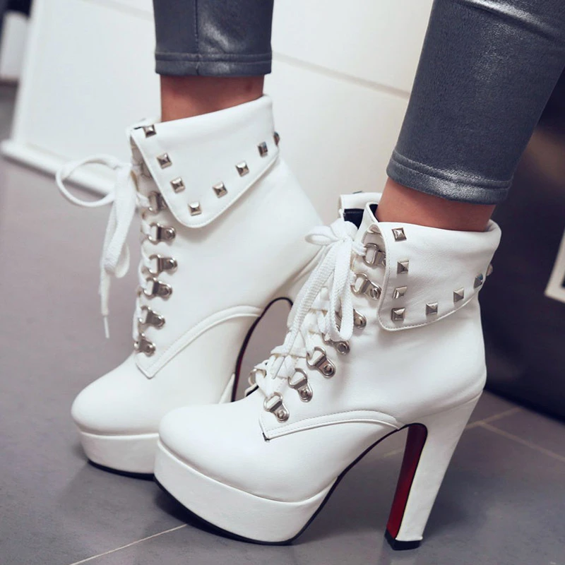 

Ankle boots for women high heels Luxury brand Designer lace up motorcycle boots Autumn winter New Platform shoes Female Big size