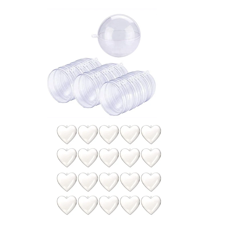 

44 Pcs Christmas Tree Hanging Ball Transparent Ball Plastic Filled Ball Ornament, 24 Pcs Round & 20 Pcs Heart Shape