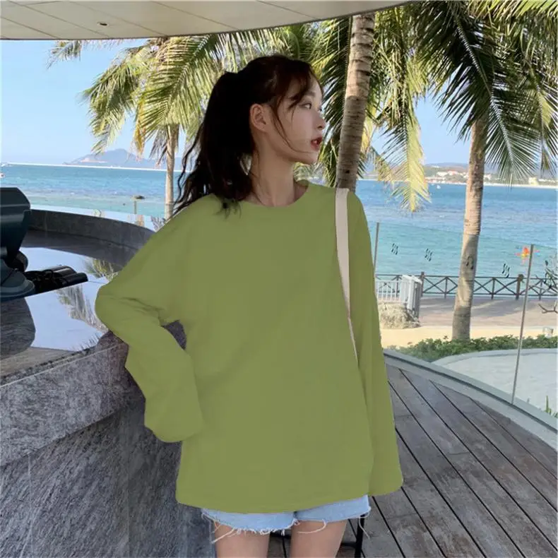 

Spring and Autumn Ins Fashionable Idle Style Loose Mid-Length Solid Color Bottoming Shirt Women's Long-Sleeved T-shirt Super