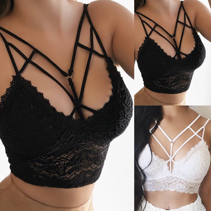 

Women White Black Bras Lace Bandage Sexy Bralette Push Up Wire Free Deep V Lingerie Underwear Plus Size Bras sexy