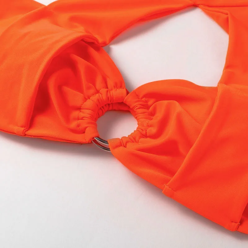 Женский купальник бикини In-X оранжевый с высокой горловиной и пуш-ап летний