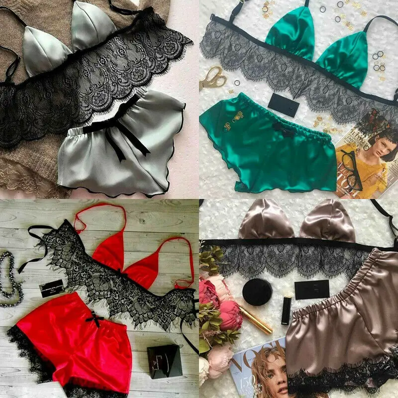 

Two Piece Women Lace Swimsuit Sexy Underwear Set Beachwear Ladies Summer Satin Silk Bra Bustier Babydoll Nightwear Bathing Suit