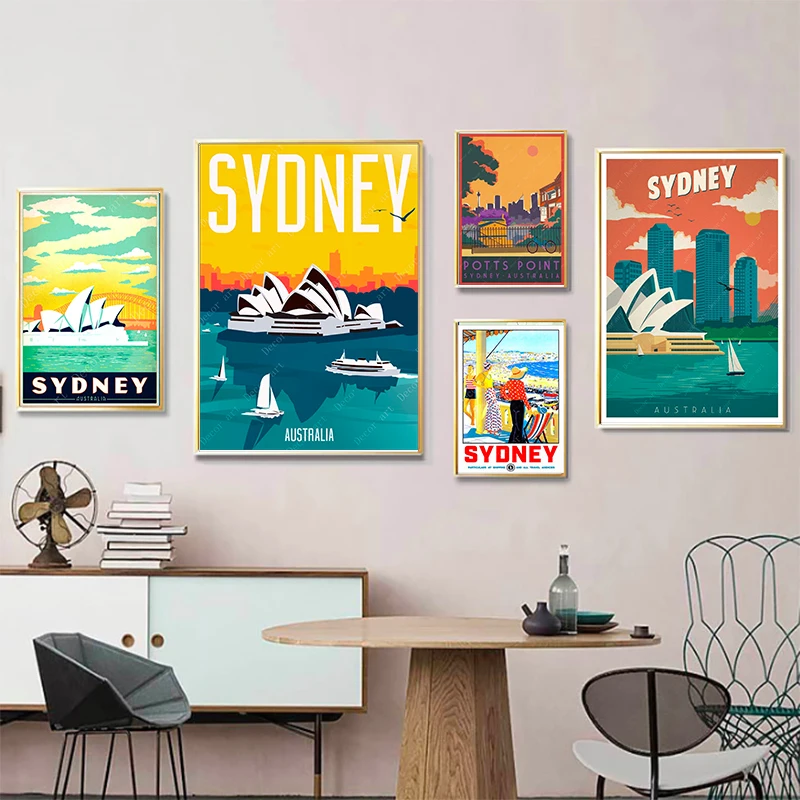 Винтажный постер с австралийским сиднейским Оперным домом мультяшный для