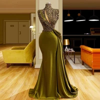olive green prom dress high neck mermaid evening gowns formal sequins beads birthday party dresses vestidos de fiesta
