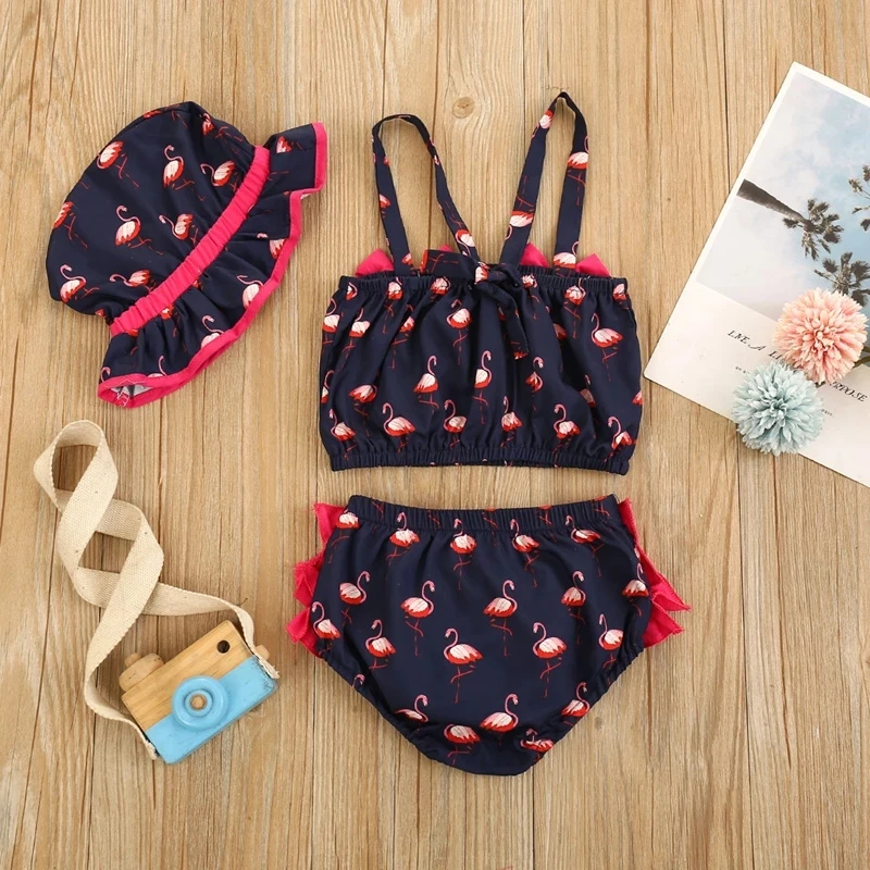 

Baby Girl's 3 Piece Swimsuit Flamingo Printed Sling Bow Camisole Ruffled Bikinis Swimming Hat Children's Swimwear Kids Swimsuits
