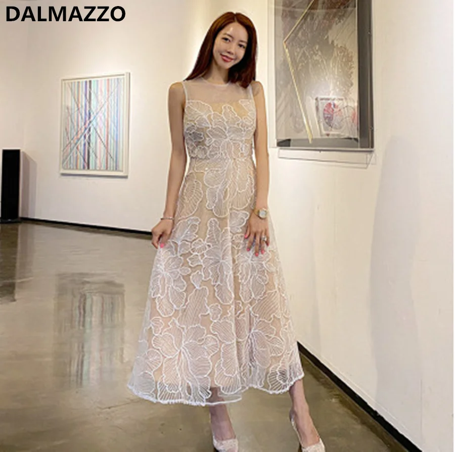 Mesh Embroidery Women Fashion Sleeveless Slim Long Dress 2020 Summer Korean Designer Large Size Runway Dresses Vestidos Femme XL | Женская