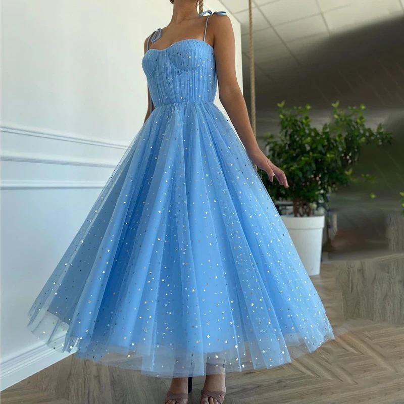 

Женское Плиссированное Сетчатое платье, длинное синее платье на бретелях с высокой талией во французском стиле, бальное платье макси для св...