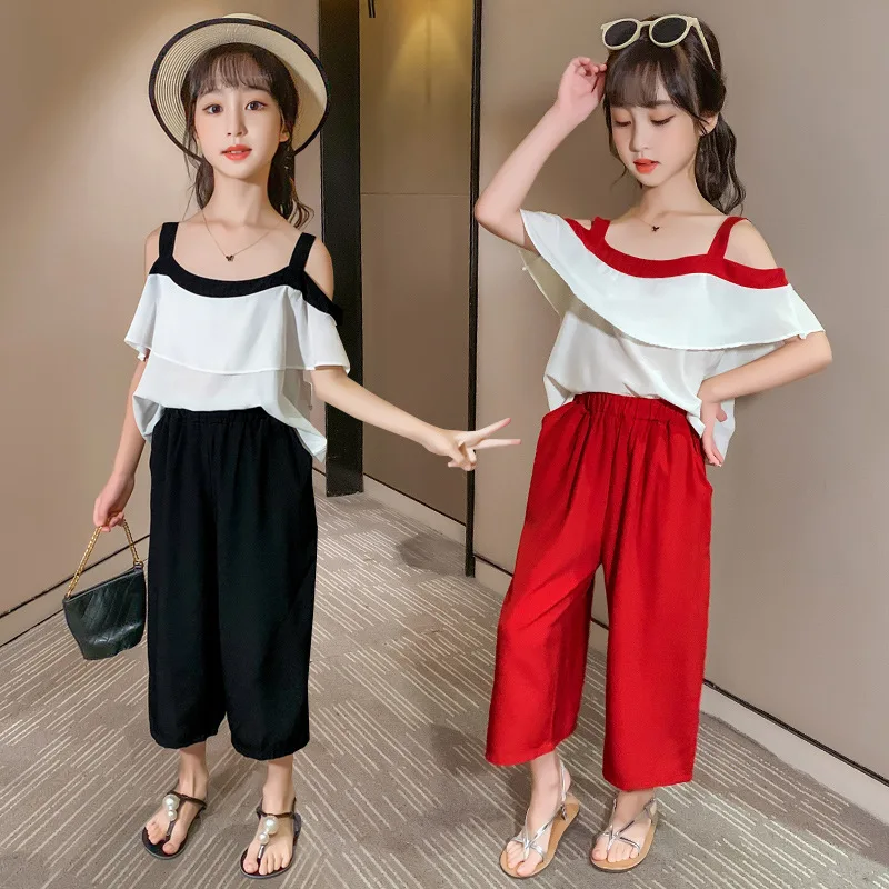 

Teen Girls Clothes Summer Chiffon Costumes For Girls Fashion Off Shoulder Kids Shirt+Pants 2 Pcs Baby Girls Clothing 3- 13 Yrs