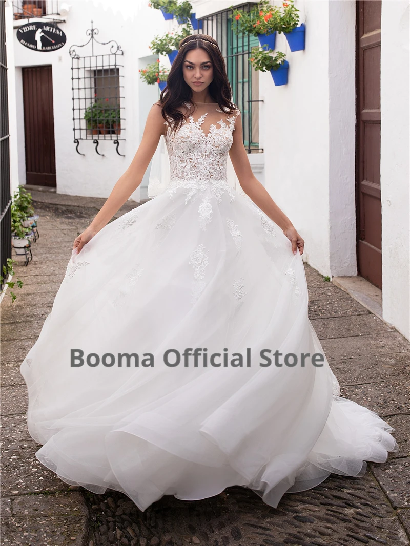 

Booma Sleeveless Wedding Dresses Beach 2020 Lace Appliqued Soft Tulle Bridal Gowns Boho vestido de novia Princess Party Dress