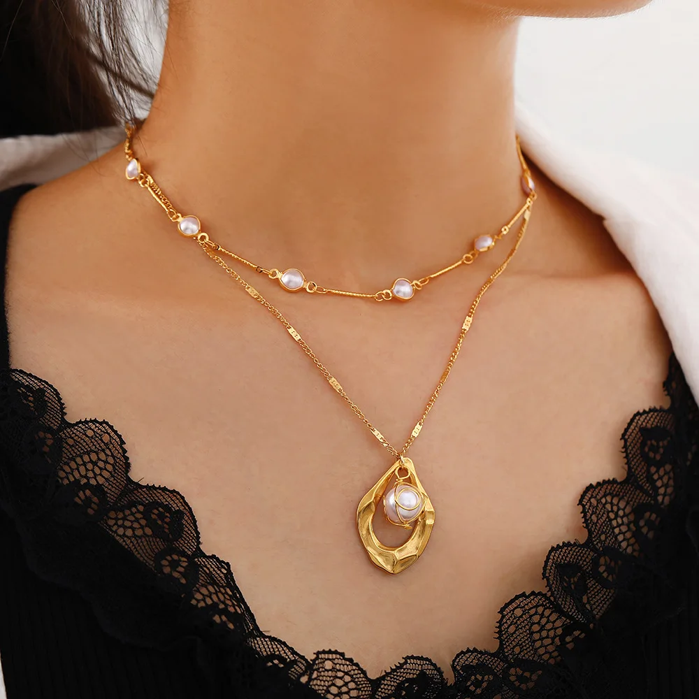 

Винтажное многослойное ожерелье с подвеской из жемчуга для женщин, геометрическое Очаровательное ожерелье-чокер, Модная бижутерия в стиле ...