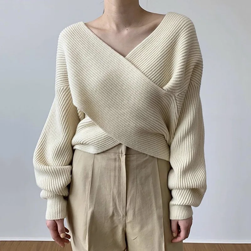 

Women Winter Sweater Clothes Set Female Korean Version Simplicity Thin V-neck Crossover Design Loose Solid Color