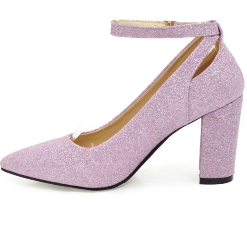 

Fanyuan Square Block Heels Pointed Toe Ankle Strap Pumps Glitter Crystal For Women Shoes Wedding Chaussures Femme Stiletto