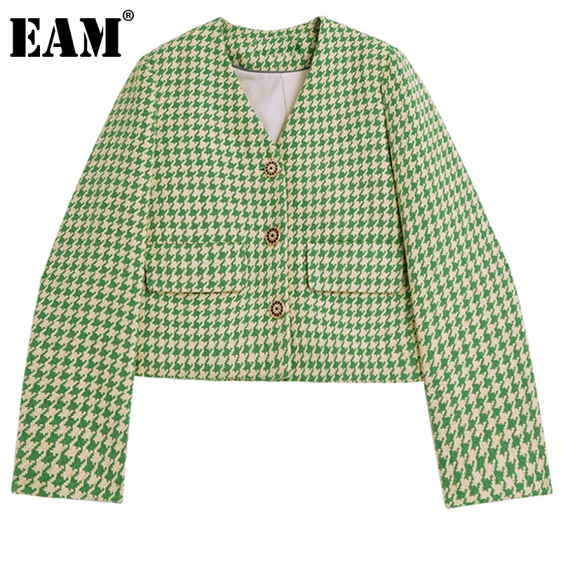 

[EAM] Women Green Plaid Tweed Elegant Blazer New V-collar Long Sleeve Loose Fit Jacket Fashion Tide Spring Autumn 2022 1DE3310