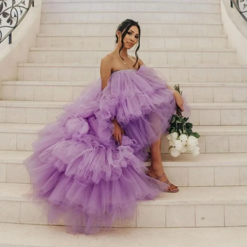 Chic Lavender Tulle High Low Women Dresses Strapless Tiered Tulle Ruffles Mesh Dress For Party Birthday Photo Shoot Tulle Dress
