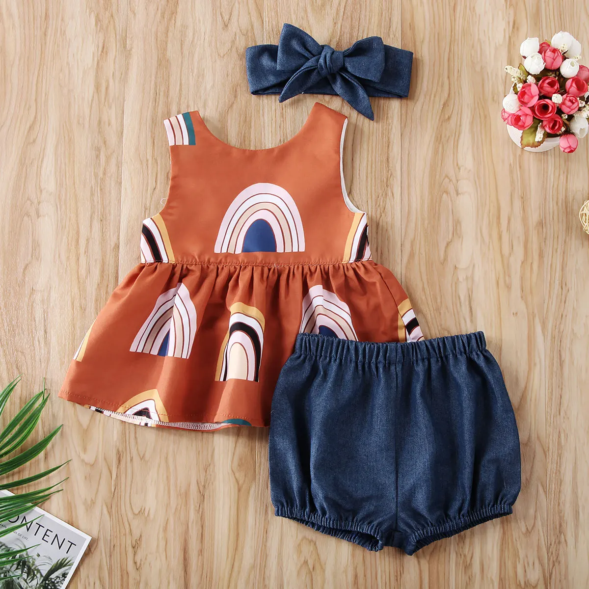 

Toddler Infant Kids Girls Loose Outfits Sleeveless Rainbow Bridge Vest Smock Dress Tops + Denim Shorts Clothes Set with Headband