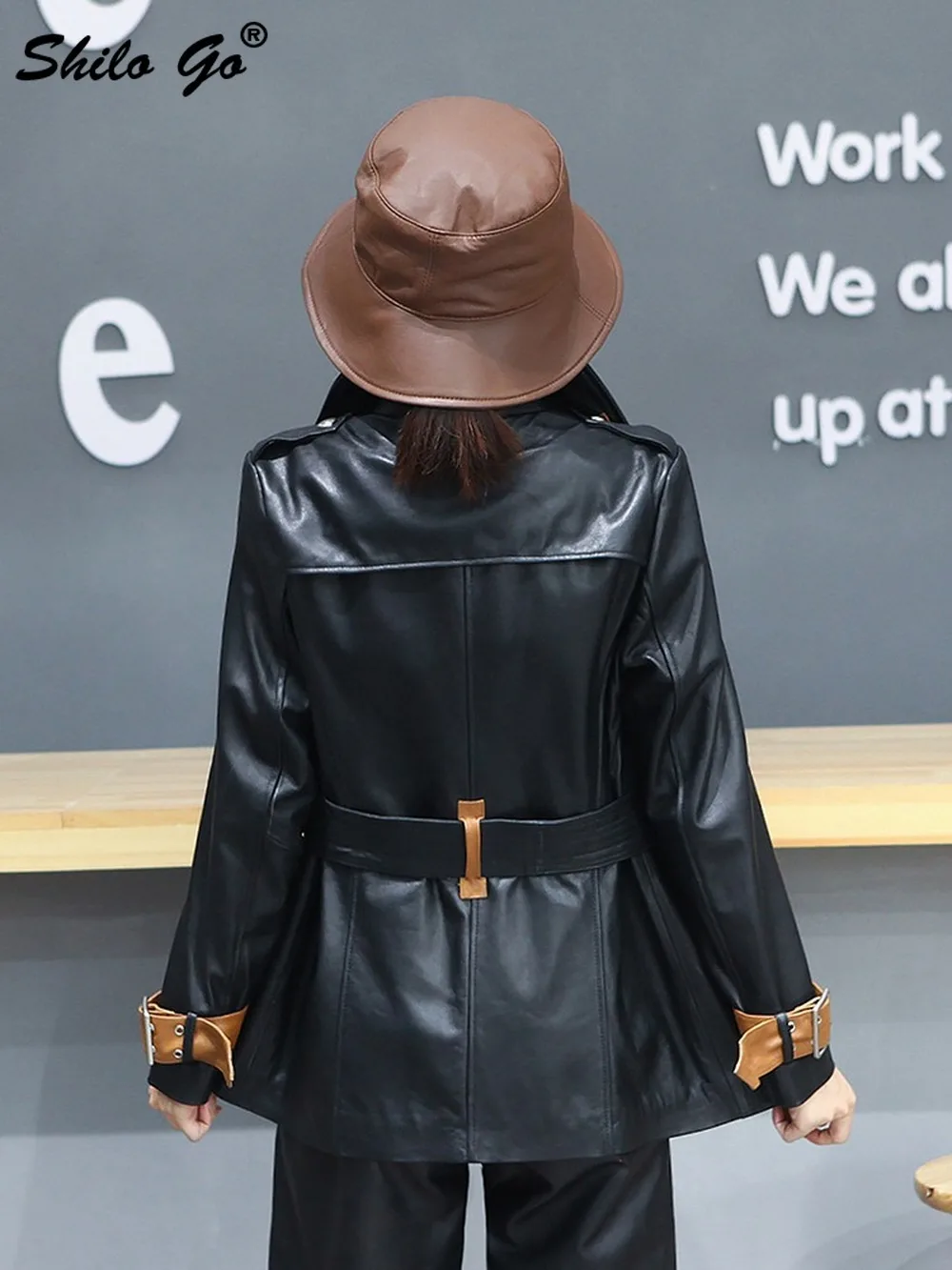 

Streetwear Stand Collar Buckle Belted Jacket Women Winter Safari Style Pockets Genuine Leather Coat Casual Sheepskin Outwear