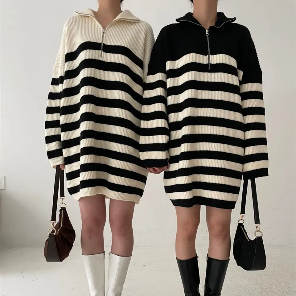 

Turtleneck Sweater Dress 2021 winter New zipper Pullover Striped knit Dress thickened Women Sweater Long Sleeve Loose Dress 369A