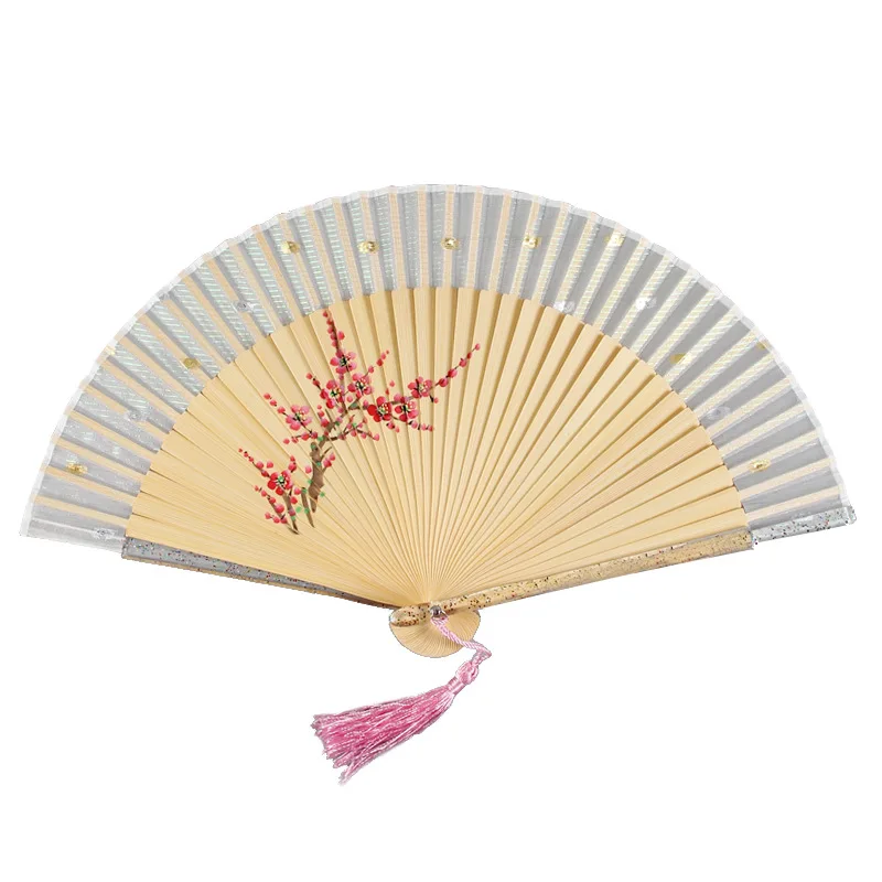 

New bamboo craft fan with crystal handle ladies folding fan hand-painted silk fan Hangzhou silk fan chinese silk dancing fan