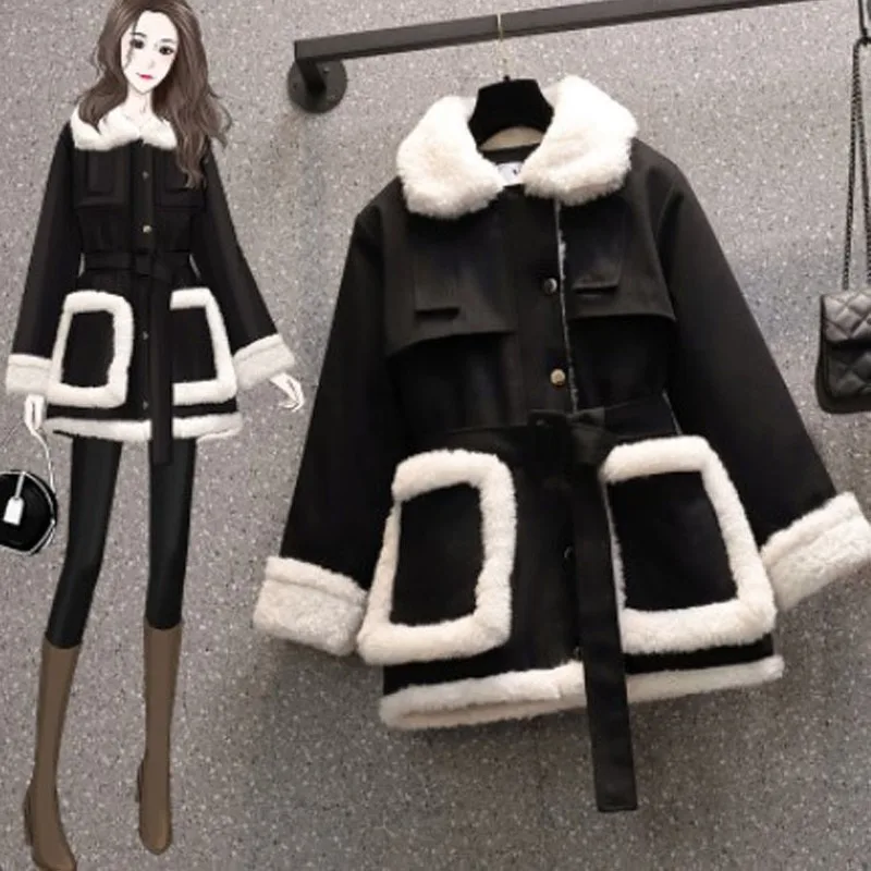 

Women Winter Clothing New Large Size Temperament Slimming Lamb Wool Turn-down Collar Single-breasted Splicing Age Reduction Coat
