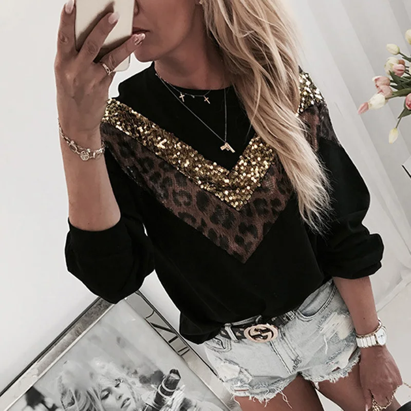 Women Sequins Lips Print Fashionable Sweatshirt Autumn Leopard Long Sleeve Beading Hoodie Lady O-neck Kawaii Sweatshirt Hoodies