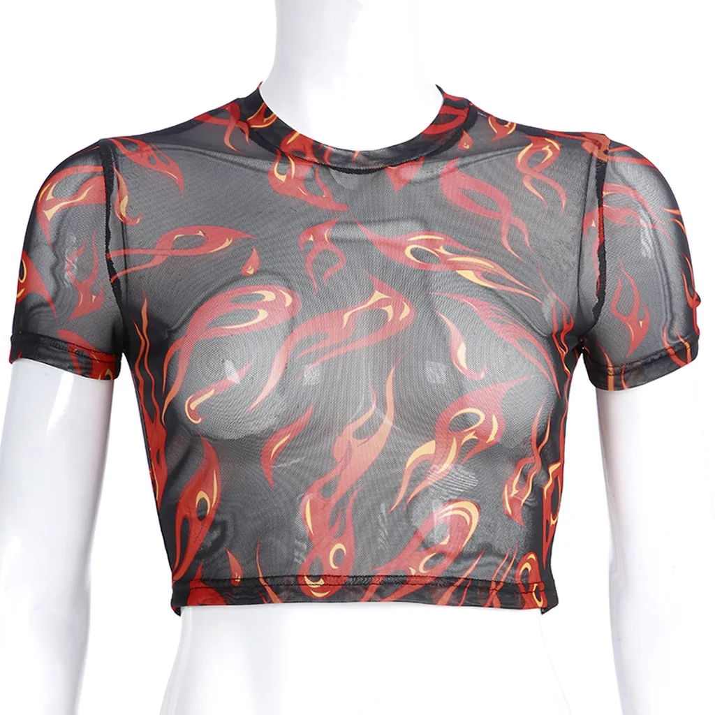 

Womens Summer Casual Flame Print T Shirt O Neck Holiday T Shirt Sexy Ladies Short Sleeve Slim Elastic Tee Tops Clothes