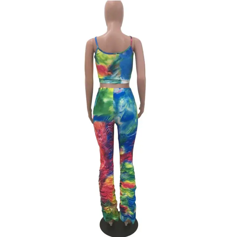 

ZKYZWX Sexy Club Outfits Tie Dye 2 Piece Set Women Summer Clother Festival Tracksuit Crop Top Stacked Pant Two Pcs Matching Sets