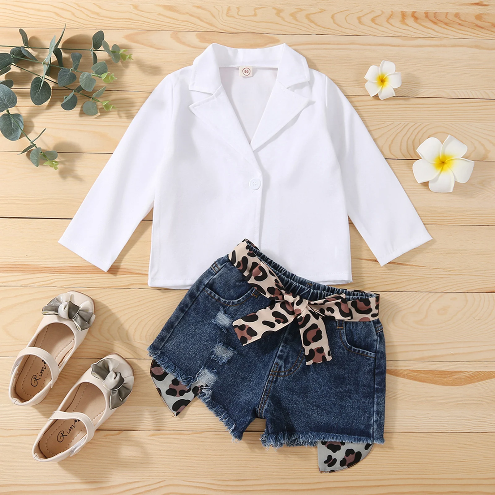 2PCS Fashion Autumn Girls Clothes Set Solid Color Jacket and Leopard Printed Elastic Waist Denim Ripped Shorts Casual Outfits