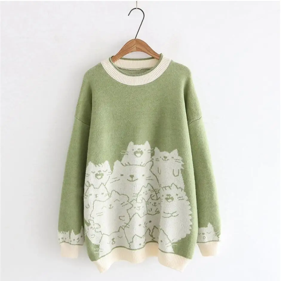 Crowded cats pattern o-neck pullover sweater female S28798-AQ | Женская одежда